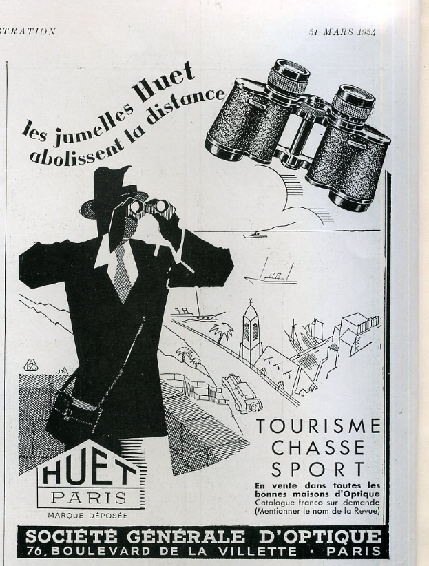 Werbung für Tourismus, Jagd und Sport in Paris mit einem Mann in Anzug und Hut mit Fernglas.