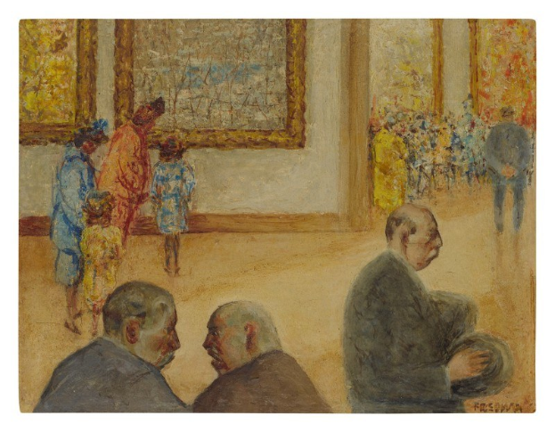 Gemälde "Die Ausstellung im Museum of Fine Arts" von Édouard Manet zeigt formell gekleidete Menschen in einem Raum voller Kunstwerke, dargestellt in gedämpften erdigen Tönen.