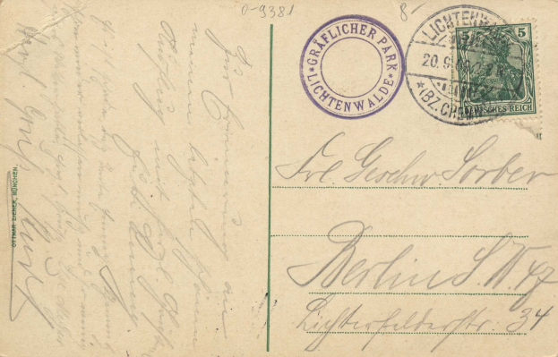 Alte Postkarte mit einer Briefmarke, die "Lichtenwald, Deutschland - Einschreiben nach Deutschland" lautet, mit handgeschriebener Text und zwei zusätzlichen Briefmarken in der rechten oberen Ecke.