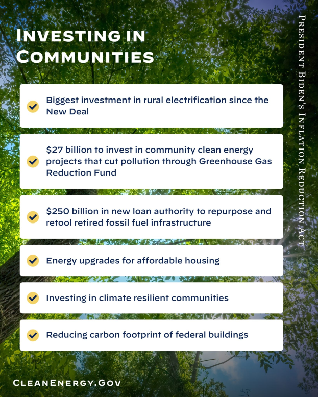 Plakat mit Bäumen und Himmel als Hintergrund mit dem Text "Investing in Communities: Biggest Investment in Rural Electricity Since the New Deal".