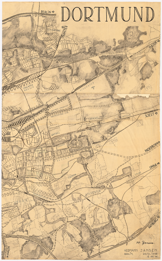 Eine detaillierte Karte von Dortmund, Deutschland, mit Straßen, Gebäuden und Sehenswürdigkeiten, begleitet von Text oben und unten.