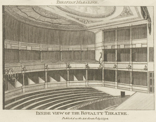 Schwarzes und weißes architektonisches Zeichnung des Auditoriums des Royalty Theaters, das Treppen, Geländer, Lampen und Decke zeigt, mit Text unten.