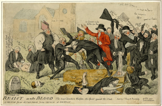 Eine Karikatur einer Menge mit einigen, die Fahnen halten, einem Gebäude im Hintergrund und einem Text unten mit der Aufschrift "Resist unto Blood: The True Christian Warfare".