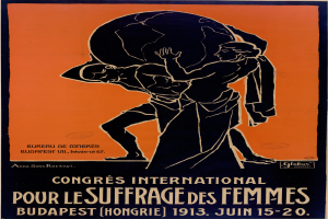 Eine Person, die eine Weltkugel mit der Aufschrift "Congres International pour le Suffrage des Femmes" in den Händen hält, auf einem Plakat für die Internationale Frauenwahlrechtsbewegung in Budapest, Ungarn.
