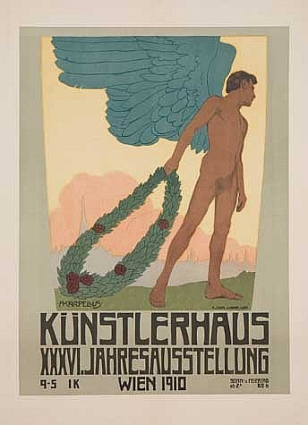 Deutsches Propagandaplakat aus dem Jahr 1910 für das Künstlerhaus Wien mit einem geflügelten Mann in einem Kranz, der mit ausgestreckten Armen und entschlossener Miene dastand, mit leuchtenden Farben und prägnanter Schrift.