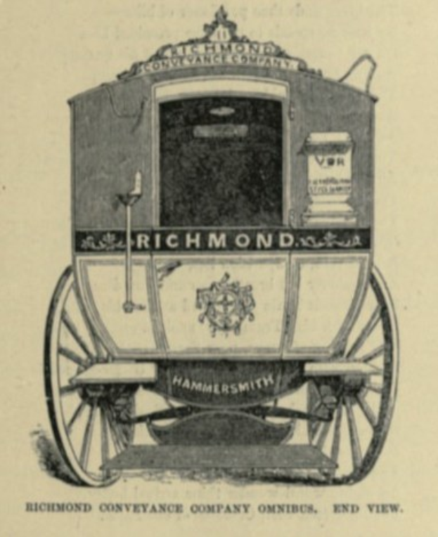 Schwarz-weiß-Zeichnung eines von einem Pferd gezogenen Wagens mit der Aufschrift "Richmond Conveyance Company Omnibus" und vier Rädern, das zum Transport von Waren verwendet wird.