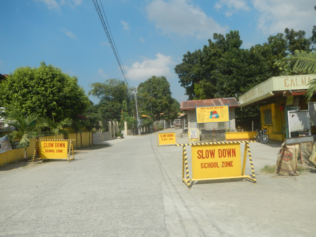 Eine Straße mit einem gelben "Slow Down School Zone"-Schild, parkenden Fahrzeugen auf der rechten Seite und Bäumen, Gebäuden, Polen, Drähten und dem Himmel im Hintergrund.