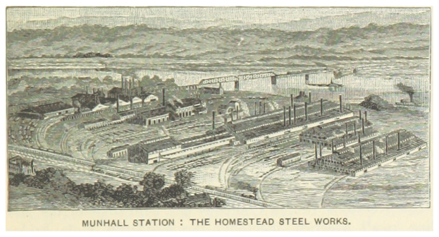 Ein Plakat, das das Stahlwerk von Munhall Station mit Gebäuden, Bäumen, einer Brücke und einem Text unten zeigt.
