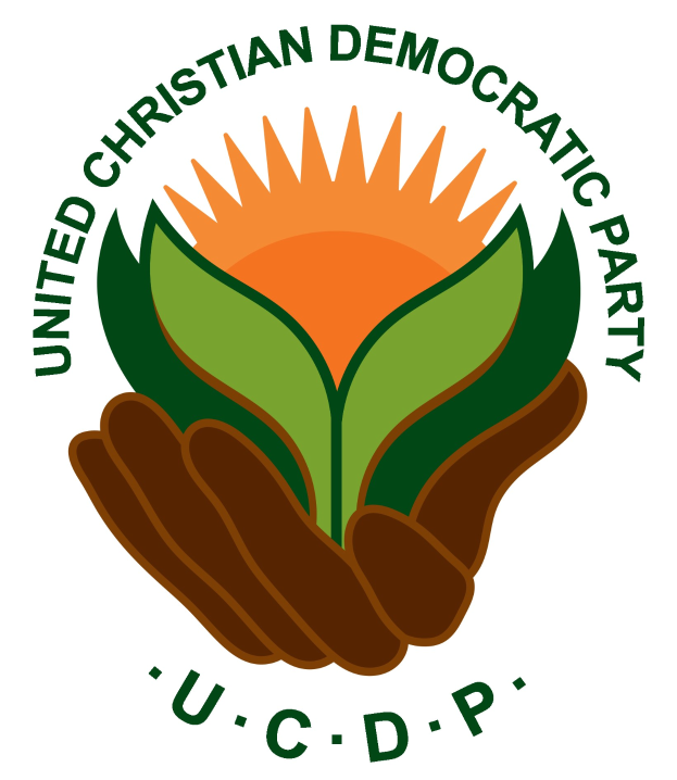 Logo der Vereinigten Christdemokraten (UCDP): eine Hand, die eine leuchtend gelbe Blume mit einem grünen Stiel und Blättern hält, in einem blauen und gelben Kreis in der Mitte auf einem weißen Hintergrund, mit "UCDP" in fetter schwarzer Schrift darunter.