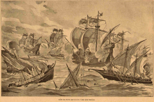 Eine Gruppe von Schiffen segelt auf dem Ozean mit Rauch, der aus ihnen aufsteigt, und Text am unteren Rand des Bildes.