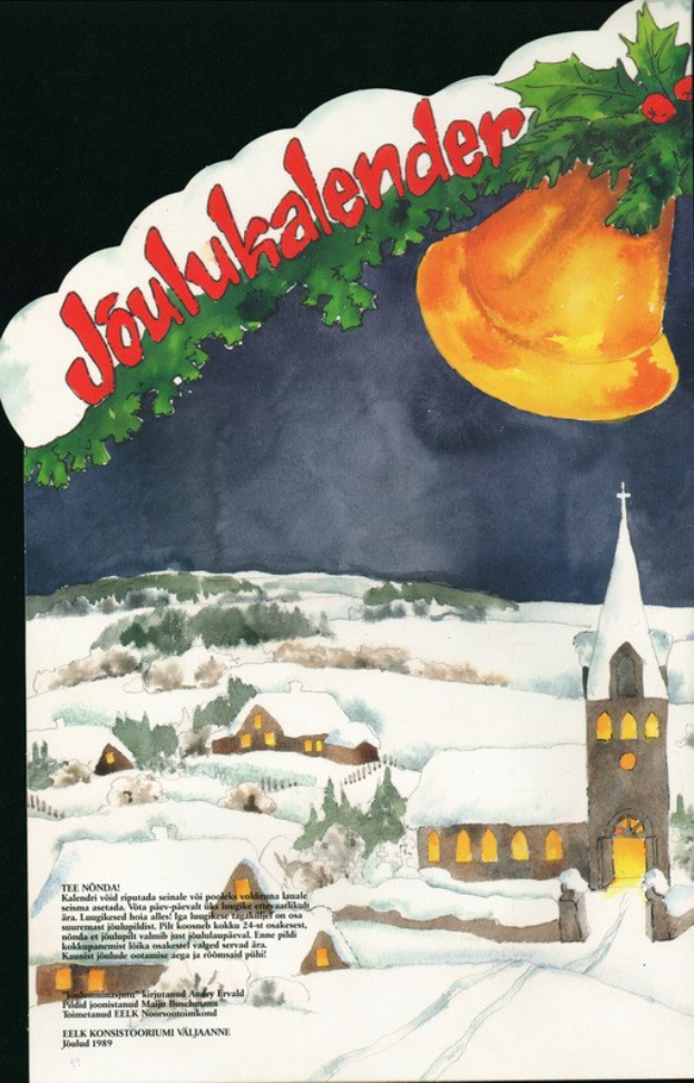 Weihnachtskartenplakat zeigt verschneites Dorf mit Kirche im Hintergrund, eine Glocke an einem geschmückten Zweig und den Text "Joulukalender".