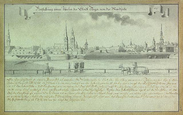 Eine Zeichnung einer Stadtlandschaft mit einer Kutsche im Vordergrund, die die Belagerung von Hamburg, Deutschland, darstellt, mit Text auf dem Papier, der die Ereignisse der Belagerung beschreibt.