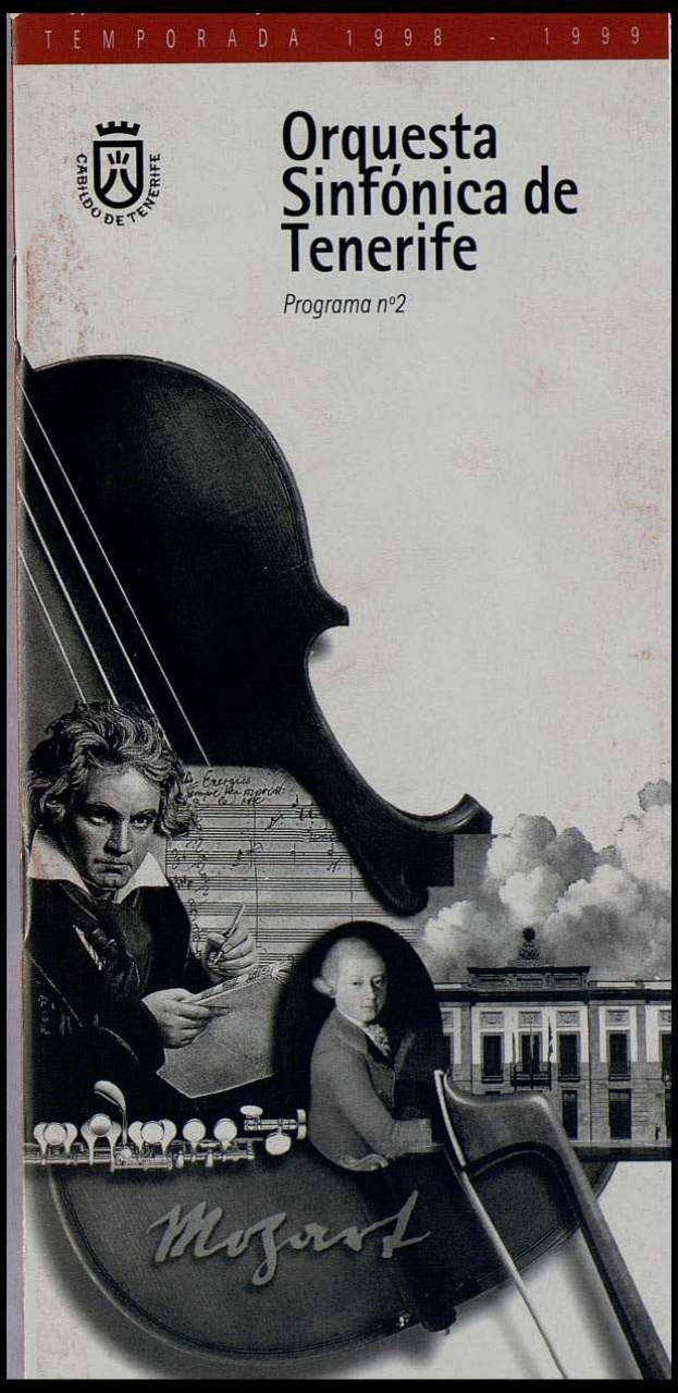 Plakat für das zweite Programm des Symphonieorchesters Teneriffa, das Mozarts Symphonie Nr. 2 in D-Moll, Op. 63, mit zwei Geigerinnen vor einem Gebäude zeigt.