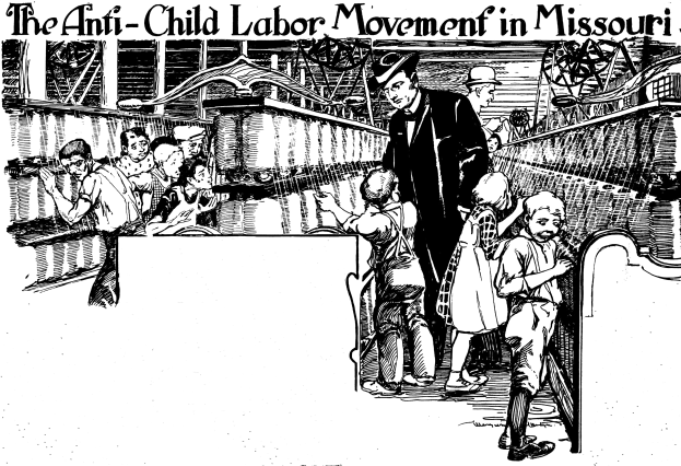 Plakat mit der Aufschrift "Die Anti-Kinderarbeit-Bewegung in Missouri" zeigt besorgte Menschen in traditioneller Kleidung, einige stehen und einige sitzen, mit Text oben und unten.