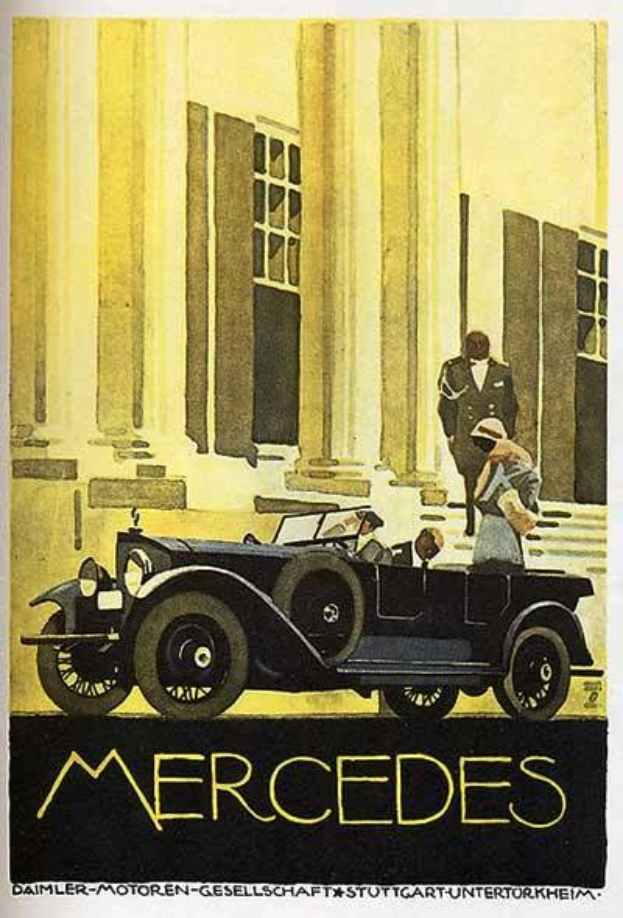Vintage-Mercedes-Benz-Plakat aus den 1920er Jahren, das ein klassisches Auto zeigt, das vor einem modernen Gl├Ąserbau mit zwei Personen im Auto geparkt ist, mit auffallendem schwarzen Text, der unten 'Mercedes-Benz' lautet.