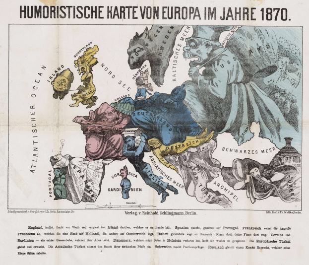 Ein Plakat mit einer Europakarte aus dem Jahr 1870, umgeben von Cartoons und dem Text "Humoristische Karte von Europa im Jahre 1870".