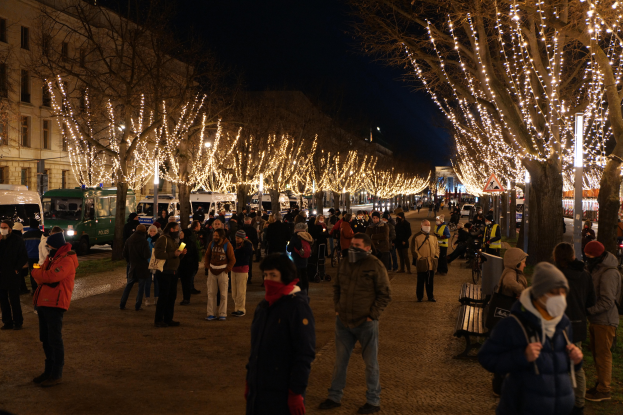 Eine Menschenmenge, die eine von Weihnachtslichtern geschmückte Baumallee entlanggeht, mit einigen Personen in Mützen und mit Taschen, anderen auf Bänken sitzend, Fahrzeugen auf der Straße, Gebäuden mit Fenstern im Hintergrund und Schildern mit Pfosten, unter einem dunklen Himmel.
