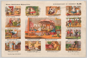 Ein altes Buch mit Illustrationen von Kindern, die in einem sonnigen, grünen Garten spielen, mit Aktivitäten wie dem Spielen mit Spielzeug und einem Ball.