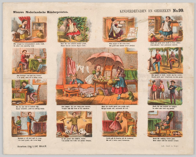 Ein altes Buch mit Illustrationen von Kindern, die in einem sonnigen, grünen Garten spielen, mit Aktivitäten wie dem Spielen mit Spielzeug und einem Ball.