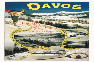 Ein Vintage-Plakat bewirbt das Skigebiet Davos in der Schweiz, das einen Skifahrer im Vordergrund zeigt, umgeben von Bäumen, Häusern und Bergen, sowie beschreibendem Text.