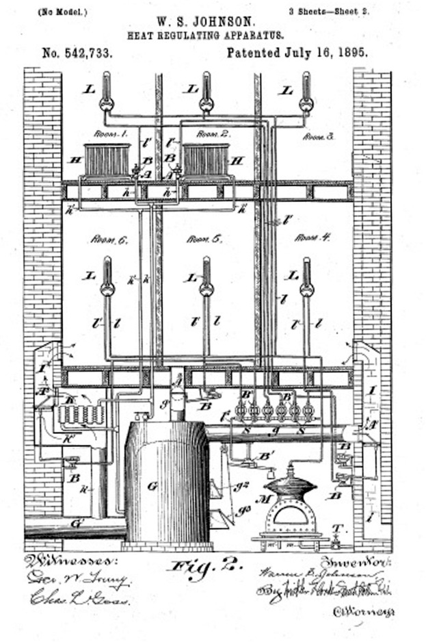 Schwarz-weißes technisches Zeichnung eines komplexen Heizregelgeräts aus dem Jahr 1885, das zahlreiche Rohre und Ventile zeigt, mit begleitendem erklärendem Text.