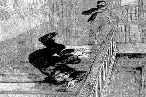 Eine Schwarz-Weiß-Illustration eines Mannes, der eine Treppe hinunterfällt, mit einer Person auf der Treppe, die einen Stock hält, und Text unten.