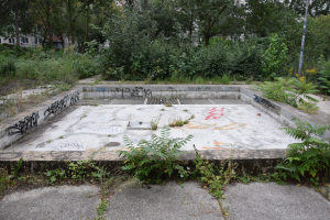 Verlassener Swimmingpool mit Graffiti bedeckt, umgeben von Bäumen und Pflanzen, mit einem Pfahl und Gebäuden im Hintergrund unter einem klaren blauen Himmel.