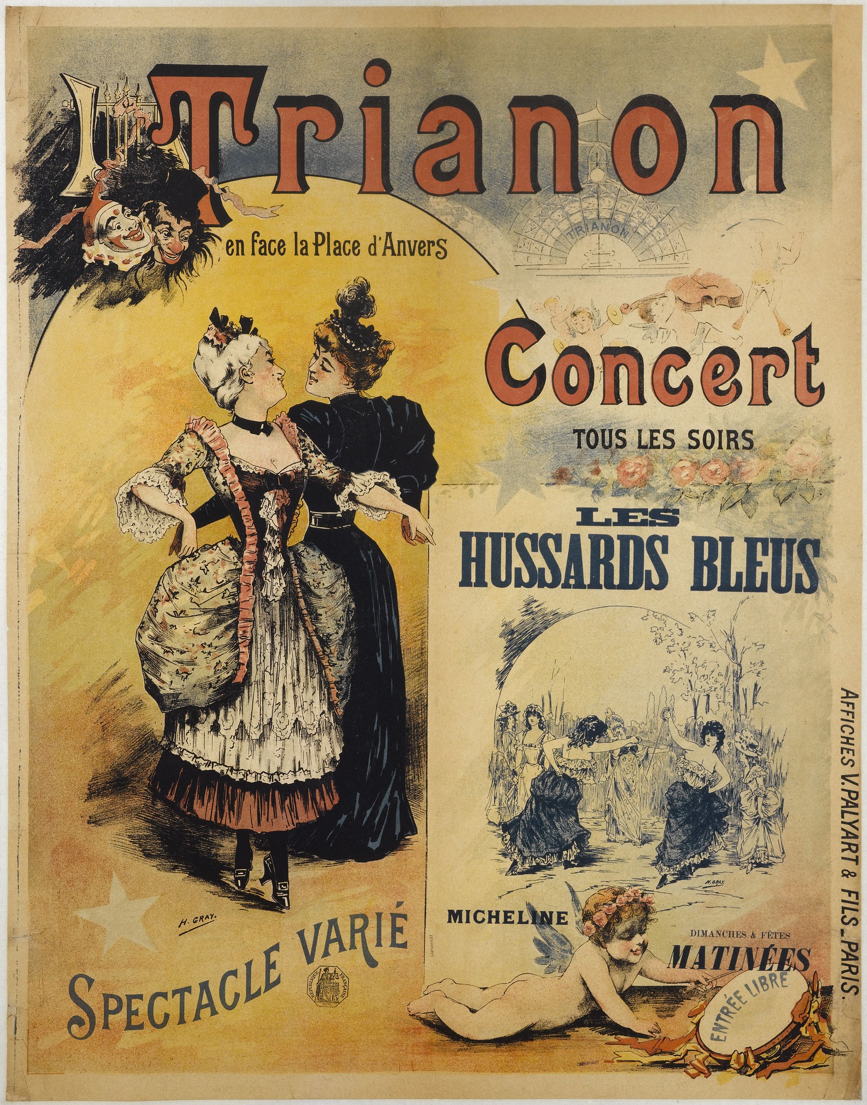 Ein Konzertplakat mit einer Frau in einem langen, hochgeschlossenen Kleid und einem Mann im Anzug, der hinter ihr mit verschränkten Armen steht, beide mit ernsten Gesichtern.