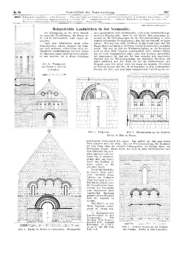 Eine Buchseite mit einer Zeichnung der Kirche St. Martin in Columbelles, Deutschland, mit zahlreichen Fenstern und Bögen, begleitet von beschreibendem Text.
