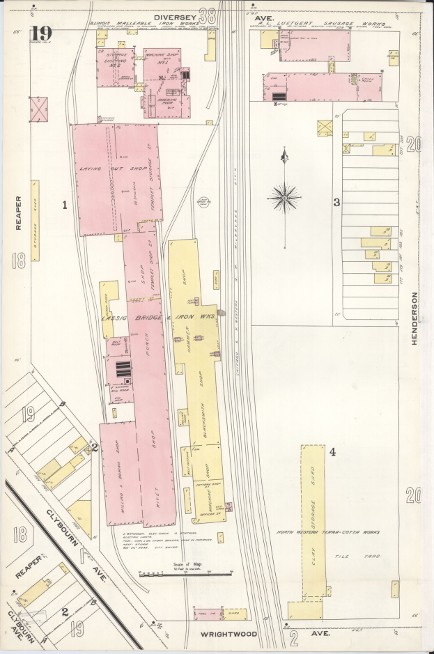 Detailiertes altes Stadtplan mit zahlreichen Gebäuden, Straßen und beschrifteten Straßen, Parks und Sehenswürdigkeiten.