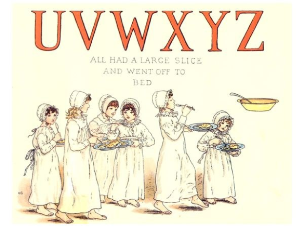 Gruppe von Menschen mit Tellern voller Essen, einer Schüssel und Löffel auf der rechten Seite, mit Text oben lesend "Uwxyz - Alle hatten eine große Scheibe und gingen ins Bett."