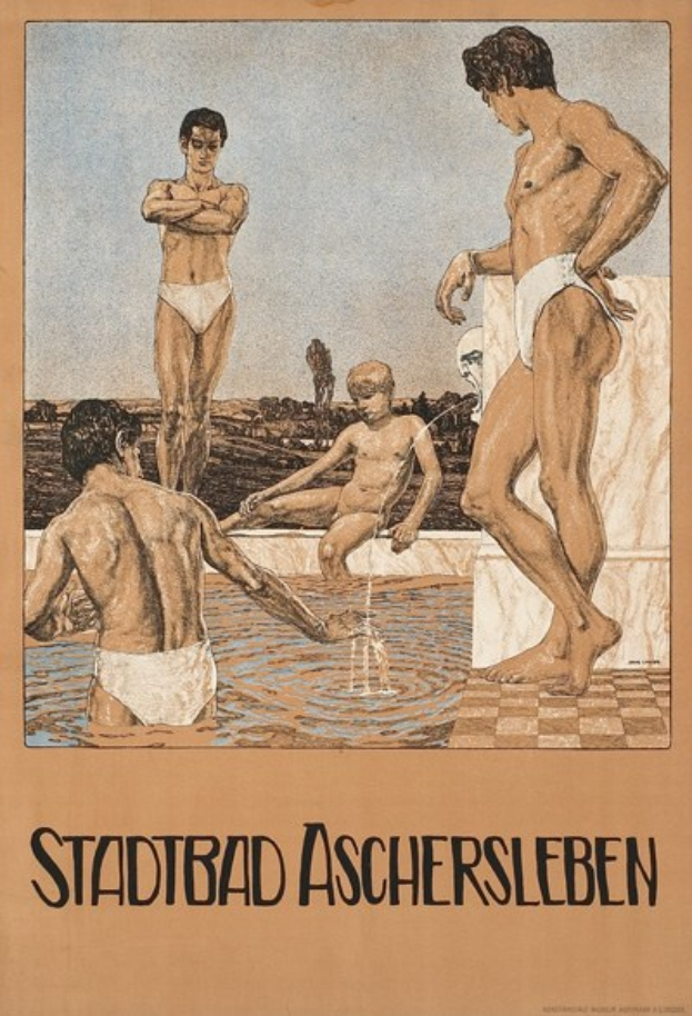 Ein Plakat für ein Schwimmbad in Aschersleben, Deutschland, das Menschen im Wasser zeigt, darunter einen sitzenden, und Text, der Informationen zum Schwimmbad enthält.