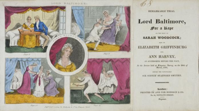 Ein historisches Dokument, das einen Prozess gegen Lord Baltimore wegen angeblicher Vergewaltigung zeigt, mit Illustrationen von Menschen, Vorhängen und Text.