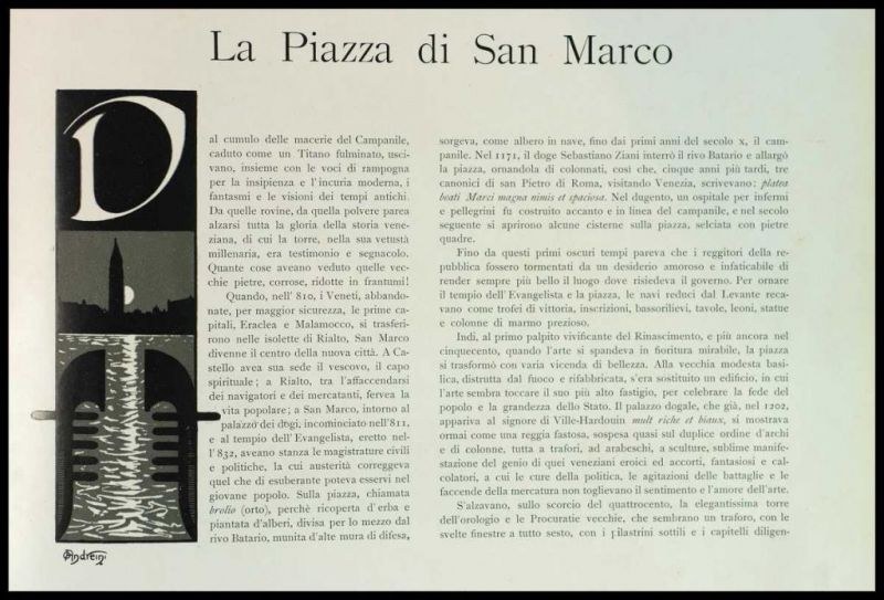 Ein Blatt mit Text in einer klassischen Schriftart und einer Abbildung der Piazza San Marco in Venedig, das die Pracht und Geschichte der Stadt mit leuchtenden Farben und detailreichen Elementen hervorhebt.