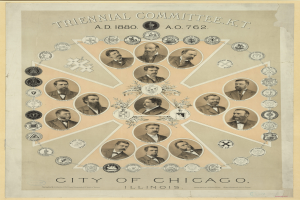 Plakat des Triennal-Ausschusses der Stadt Chicago, Illinois, mit einer Gruppe von Menschen in der Mitte, umgeben von Text und Logos.