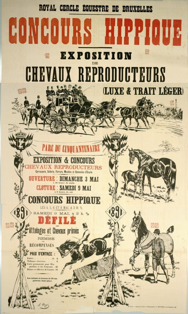 Plakatwerbung für das Concours Hippique Exposition Chevaux Reproducteurs Luxe & Trait Léger-Event, das Bilder von Pferden und Menschen neben Eventdetails zeigt.