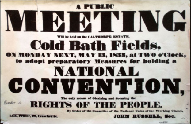 Schwarzes und weißes Plakat, das eine öffentliche Versammlung mit dem Titel 'Nationalkonvention, Rechte des Volkes' in Cold Bath Fields ankündigt.