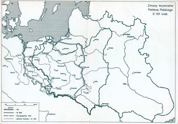Ein Plakat mit einem detaillierten Kartenbild von Polen und dem Umfang des polnischen Reichs, versehen mit Text und numerischen Daten.