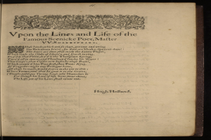 Offenes Buch mit dem Titel "Vpon den Linien und dem Leben des berühmten Landschaftsdichters, Mater" auf der Seite gegen einen dunklen Hintergrund.