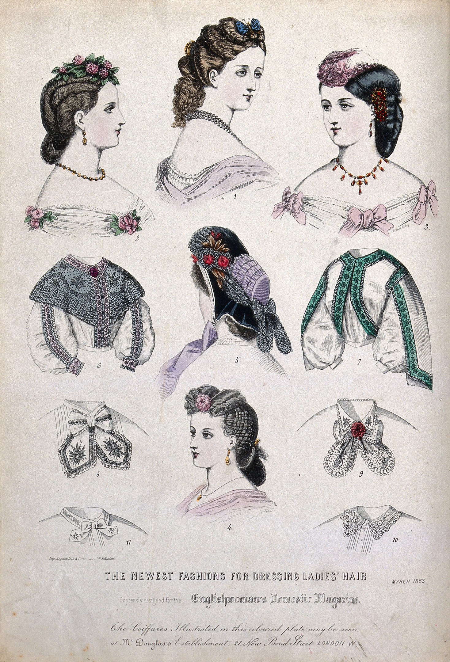 Schwarze-weiß-Illustration einer Modeplatte aus dem 19. Jahrhundert, die Frauen in verschiedenen Kleidern und Frisuren zeigt, mit der Überschrift "Die neuesten Moden für die Frisur von Damen."