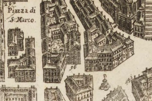 Eine handgezeichnete Stadtlandschaft mit verschiedenen Architekturgebäuden auf Papier mit zusätzlichen schriftlichen Details.