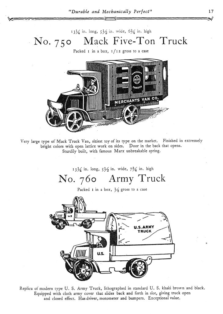 Werbung für einen Mack-Fünf-Tonnen-Lkw mit einer Zeichnung des Fahrzeugs mit einem großen rechteckigen Körper, einer flachen Ladefläche und einem prominenten Vorderrad, umgeben von fetter schwarzer Schrift, die "Mack Fünf-Tonnen-Lkw" liest.