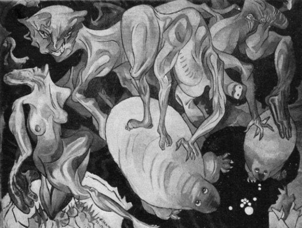 Schwarzes und weißes Bild von 1938 von KÜNSTLER, das eine Gruppe von Tieren einschließlich eines Löwen, einer Giraffe, eines Zebras und eines Flusspferds in einem dunklen, mysteriösen Raum zeigt.