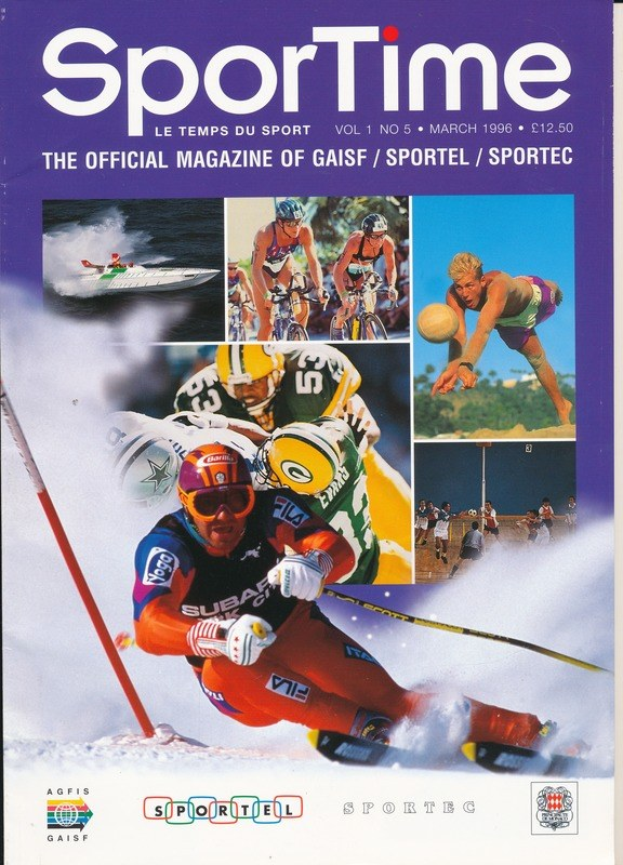 Ein Magazin-Cover mit der Aufschrift 'Sporttime Magazine - März 1996', das Bilder von Skifahrern und Snowboardern sowie Text und Logos zeigt.