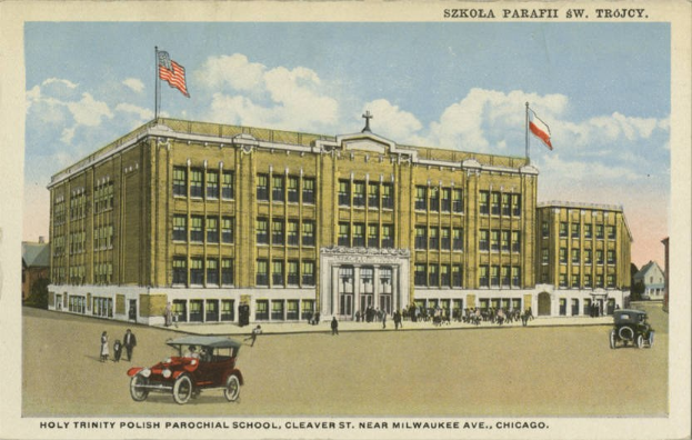 Plakat für die Heilige Dreifaltigkeit Polnische Pfarrschule in Cleveland, Ohio, das ein Schulgebäude, Menschen, Fahrzeuge, Flaggen und Text am unteren Rand zeigt.