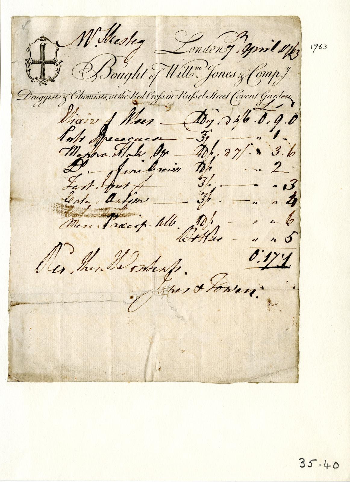 Ein vergilbtes, altes Dokument mit sauberer Handschrift, ein Entwurf von Williams Jones' Vertrag zum Verkauf von Testamenten und Jones.