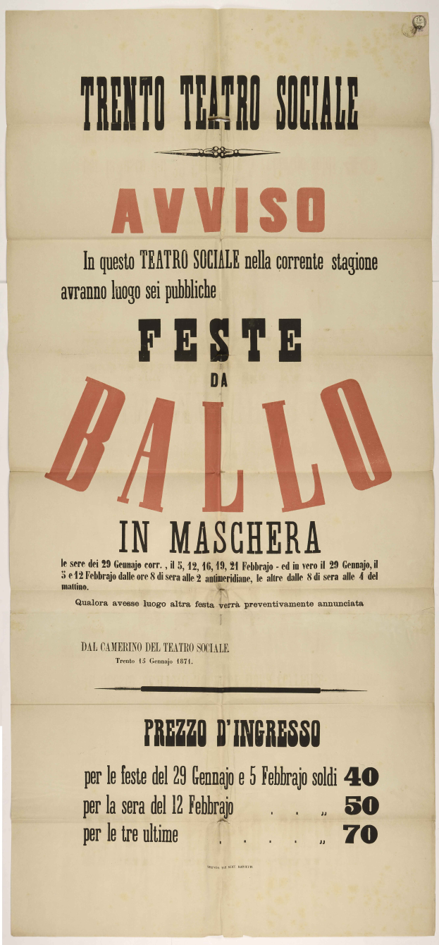 Ein Vintage-Plakat, das ein Festival in Maschera, Italien, bewirbt, mit Text, der das Event beschreibt.