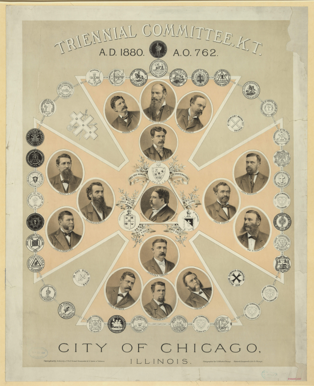 Plakat des Triennal-Ausschusses der Stadt Chicago, Illinois, mit einer Gruppe von Menschen in der Mitte, umgeben von Text und Logos.