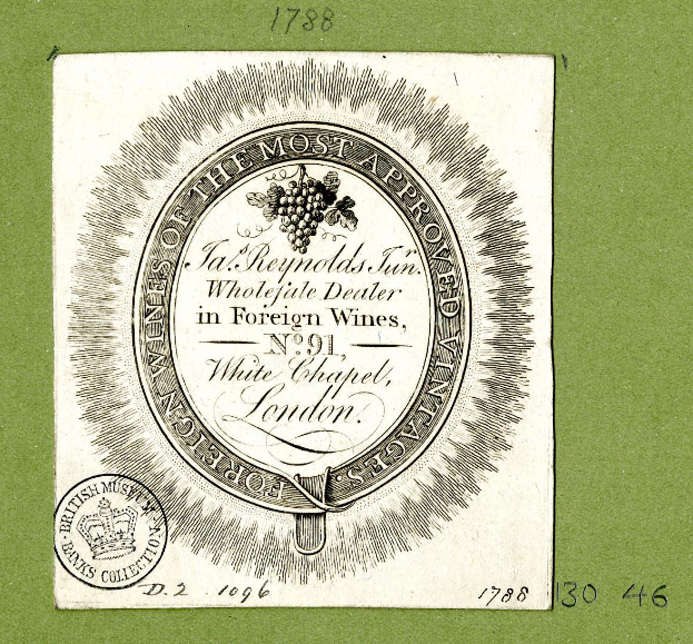 Plakat mit grünem Hintergrund, das den Text "Am meisten genehmigt in ausländischen Weinen" und ein rundes Logo mit einem weißen Zentrum und einem schwarzen Rand zeigt.