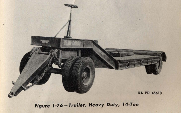 Schwarzes und weißes Foto eines Schwerlastanhängers mit einer Tragfähigkeit von 14 Tonnen.